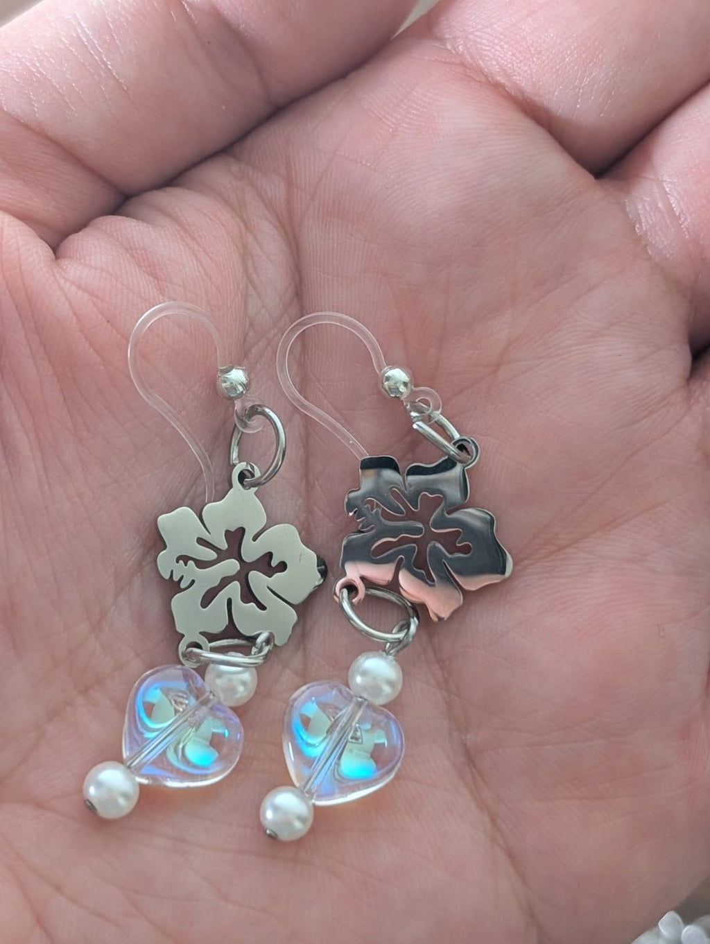 Silver Stainless Steel "Flor de Maga" Crystal Heart Earrings