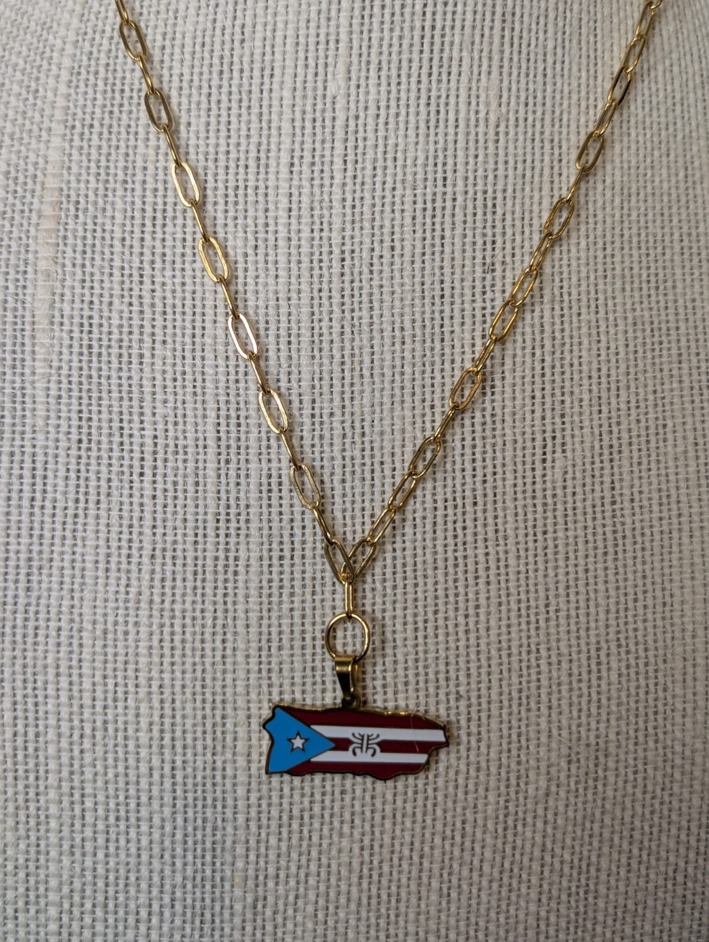 Gold Stainless Steel Colored Puerto Rico Map Flag Paperclip Necklace